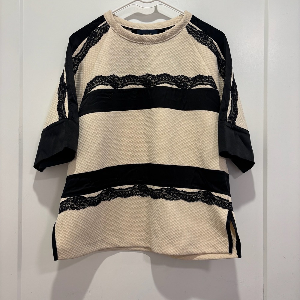 Cavalli Class Roberto Cavalli Cream Quilted Lace Silk Cotton Top Cream Black